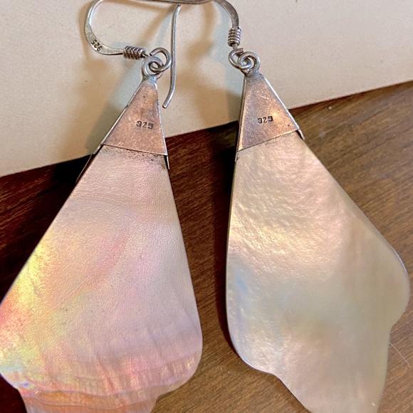 SOLD-Vintage Stylized Fan Leaf shaped Abalone Shell & Sterling Drop Earrings - Picture 6 of 15